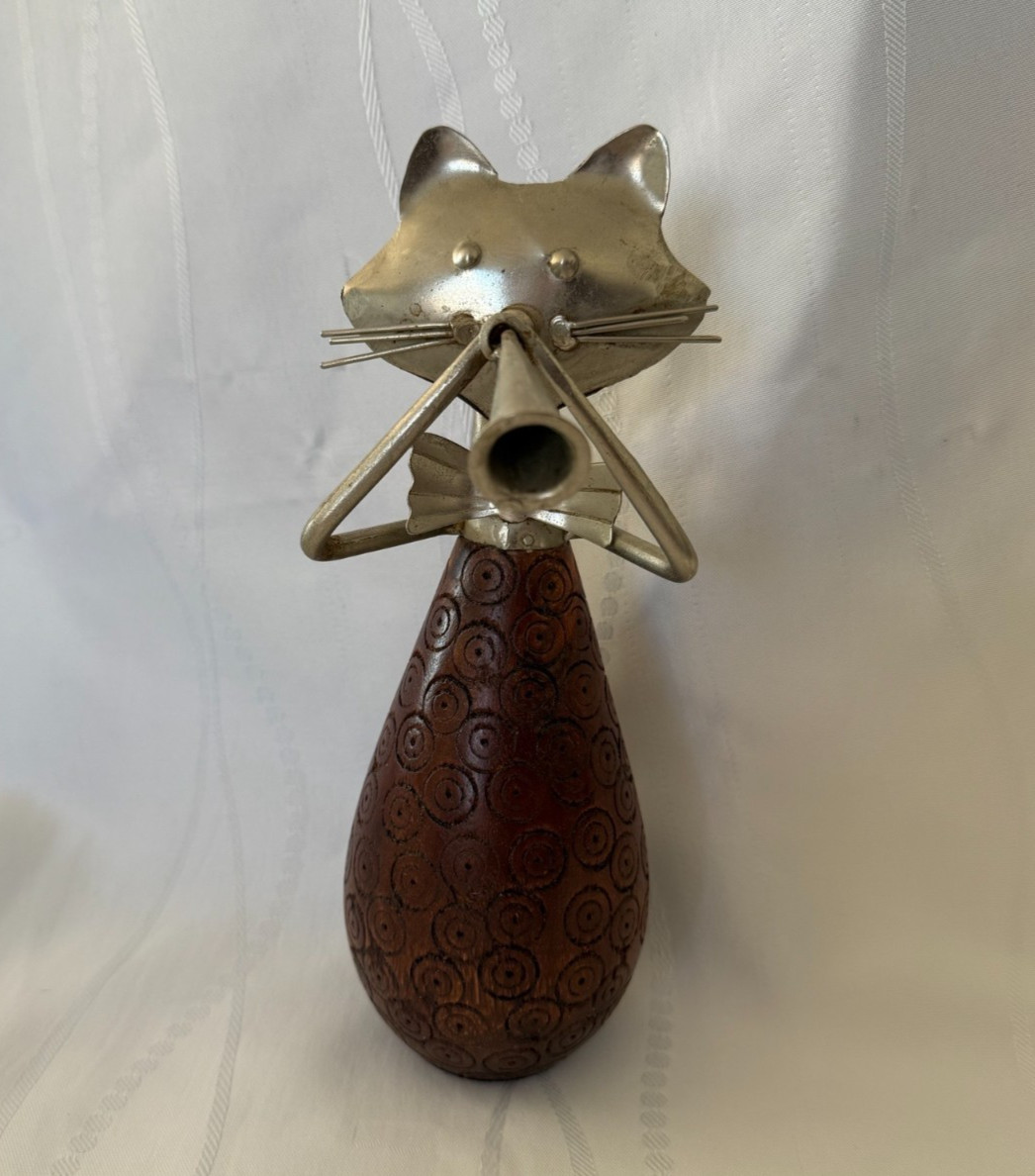 Pier 1 Metal Wood Jazz Cat Figurine Trumpet Player