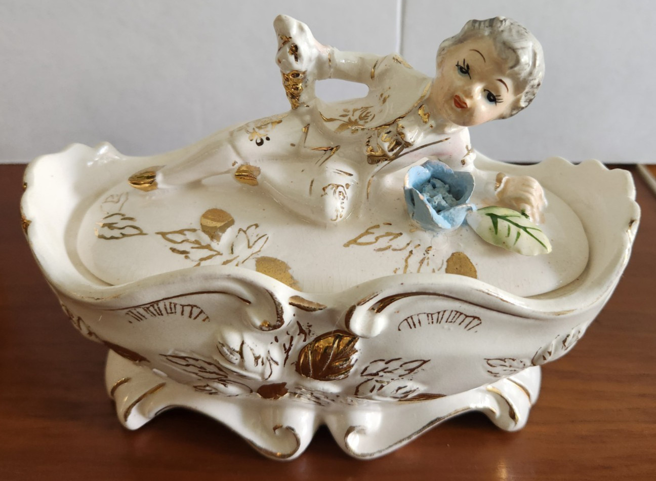 Victorian Porcelain Tilso Figurine trinket box Vintage Japan 1940’s Rococo Style