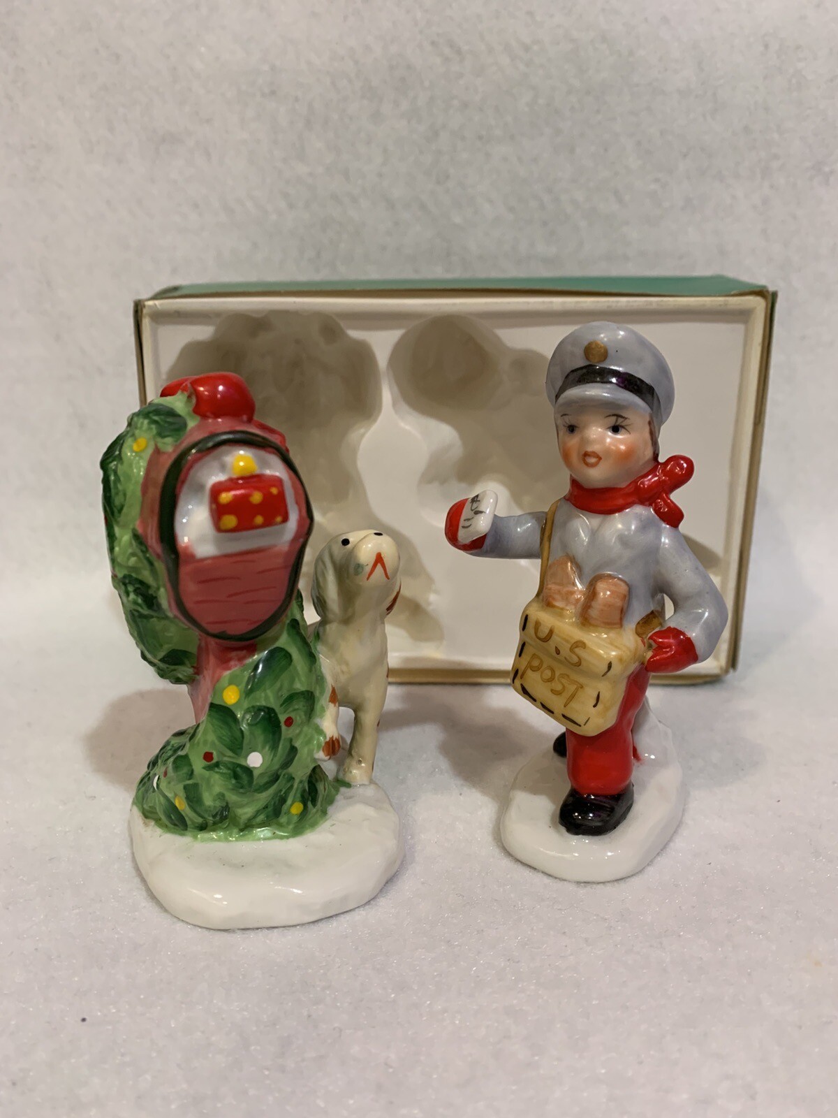US Post Boy, Mail Letter & Dog w/Gift Decorated Mailbox Holiday Figurines VTG