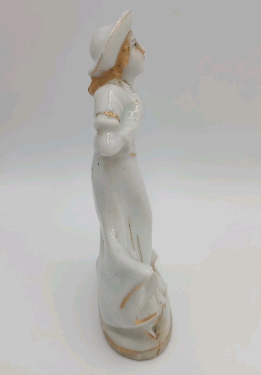 Vintage Woman Porcelain Figurines White Gold Occupied Japan Dress Hat 4.75 Inch