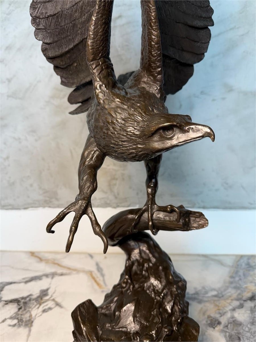 Moigniez Bronze Eagle Metal Figurine w/ Marble Base, 3D Effect, Green