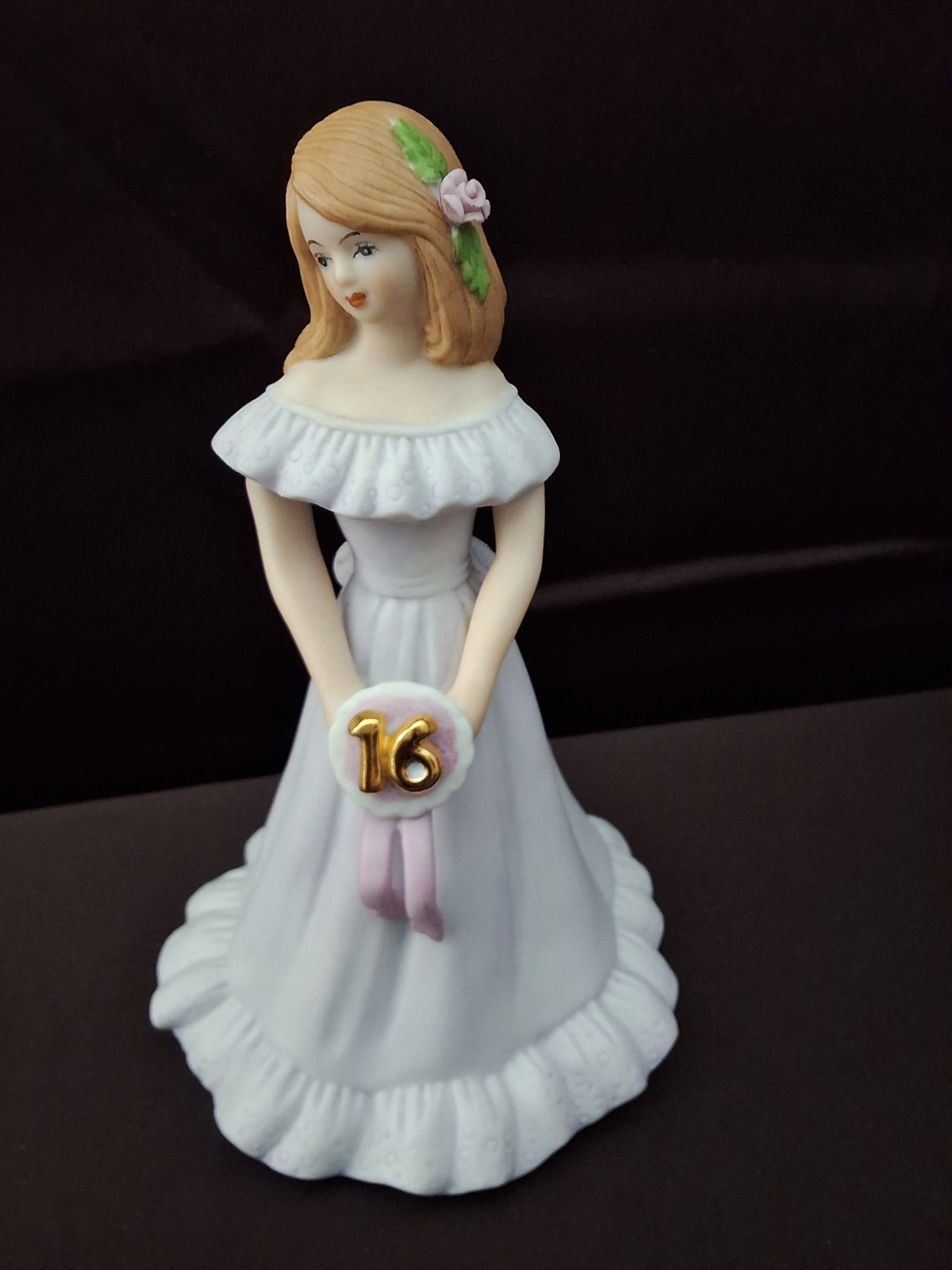 Enseco 1982 Growing Up Birthday Girls Age 16 Figurine 7”Tall. Leaf Has Tiny Chip