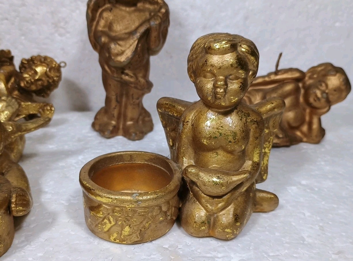 Hollywood Regency VTG Cherub Lot 2 Candles 2 Ornaments 3 Tea Light Holders