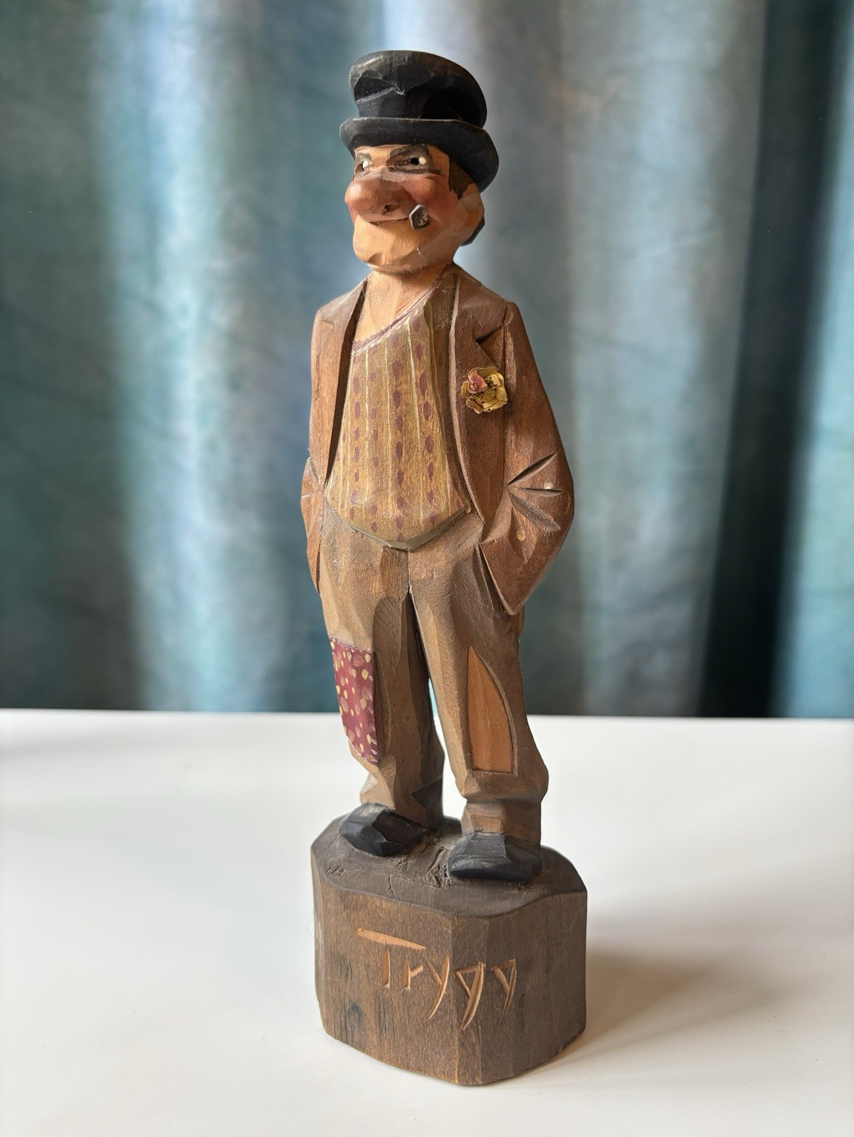 Vintage Carl Johan Trygg Hand Carved Man w/ Top Hat and Flower on Base 8 in