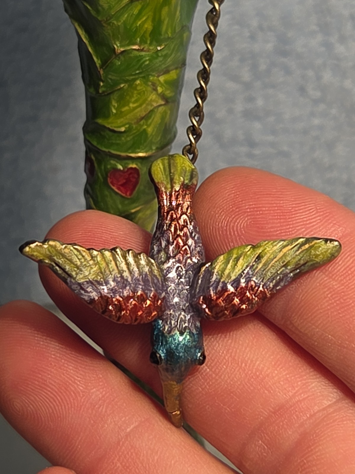 VTG Le Tresore’ Enamel on Metal Hummingbird in Flower Figurine With LT Mark