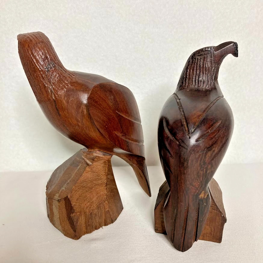 2 VTG Eagle Hawk Falcon Hand Carved Ironwood Pedestal Sculpture 5” & 5.5” Pair