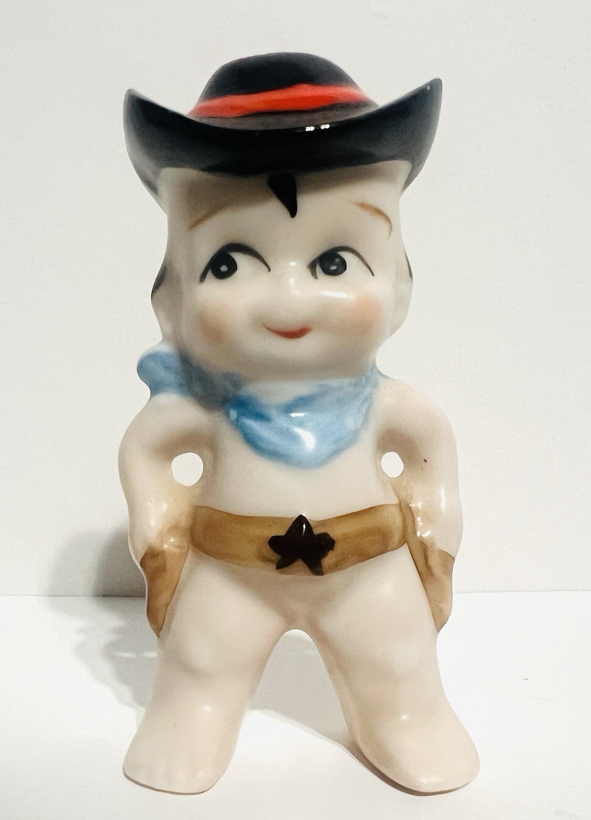 Vintage BABY COWBOY CERAMIC FIGURINE DRAWING GUN SOUTHWESTERN DECOR Hand painted