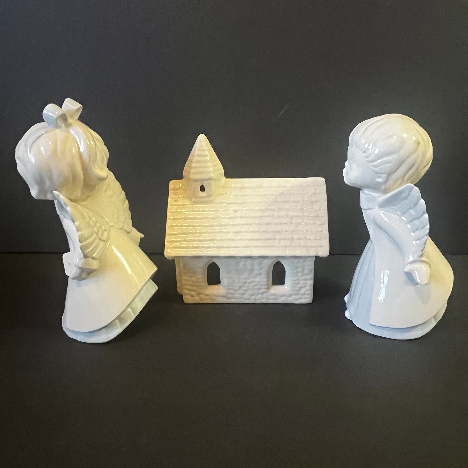 Vintage White Ceramic Kissing Angel Figurines Church Hand Painted Heavenly Xmas