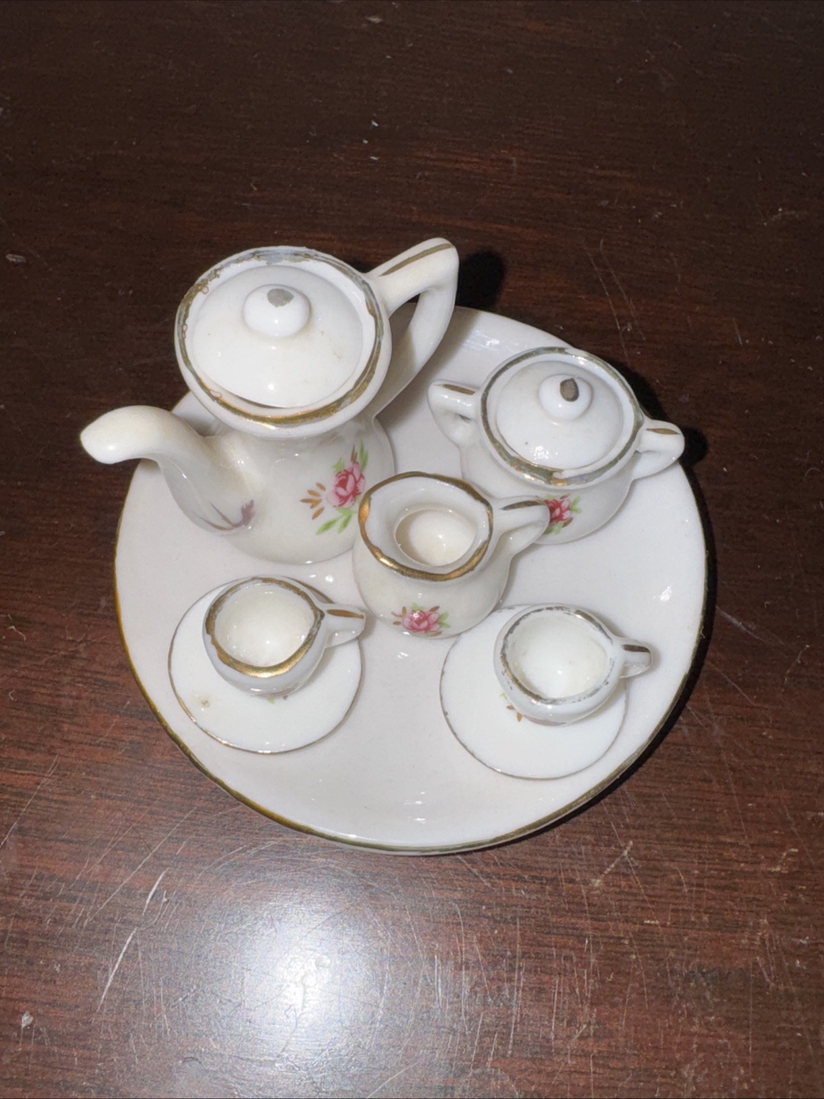 10 Piece Vintage Miniature Porceilan Roses Gold Trim Tea Set