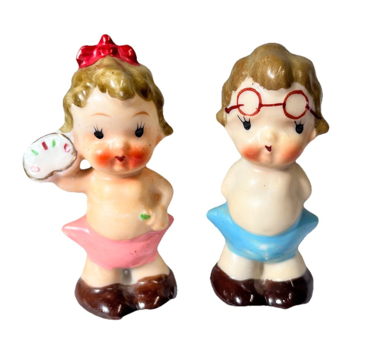 Vintage Boy & Girl Kewpie Dolls Figurines Japan Porcelain Hand Painted Pink/Blue