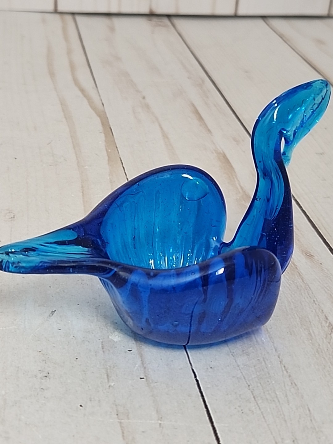 VTG Blue Glass Swan Trinket Candy Dish Bowl 3.5” long Mid Century Modern