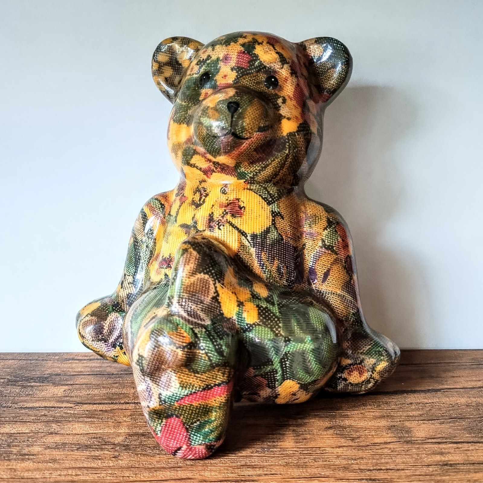 Vintage – 6½” Joan Baker Teddy Bear Porcelain Patchwork Fabric Figurine