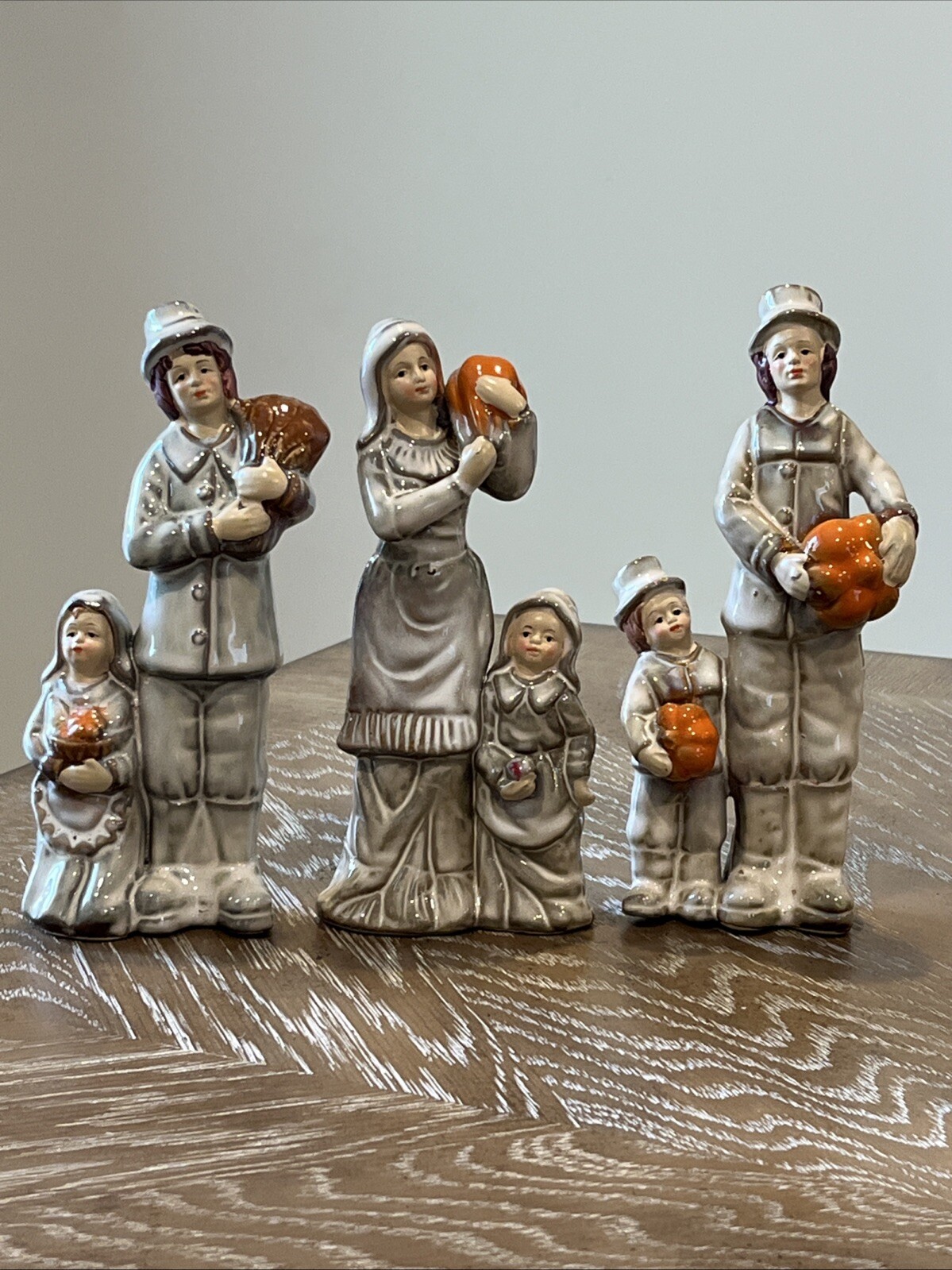 Thanksgiving Porcelain Figurine Pilgrim Family Holding Pumpkin Corn 7” Set Of 3