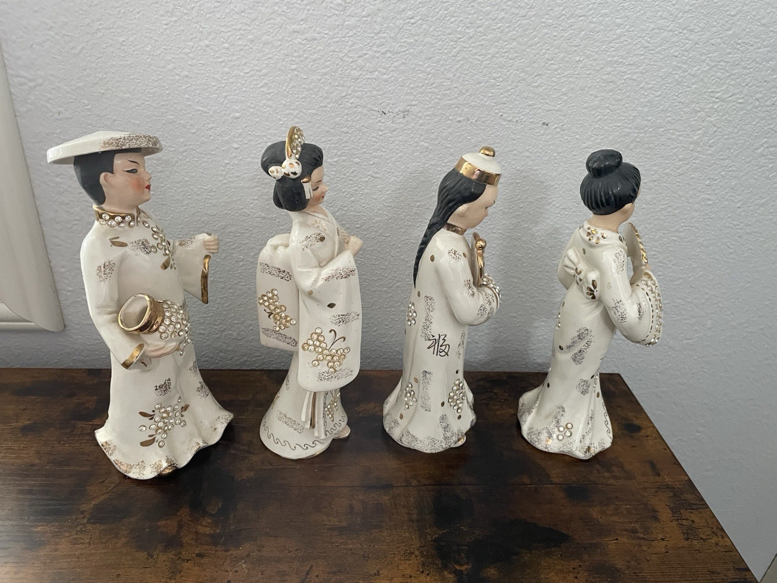 Vintage 1950’s LEFTON Asian Figurines With Rhinestones Lot Of 4