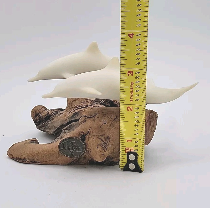John Perry 2 White Dolphin Figurines On Burl Driftwood Sculpture Signed