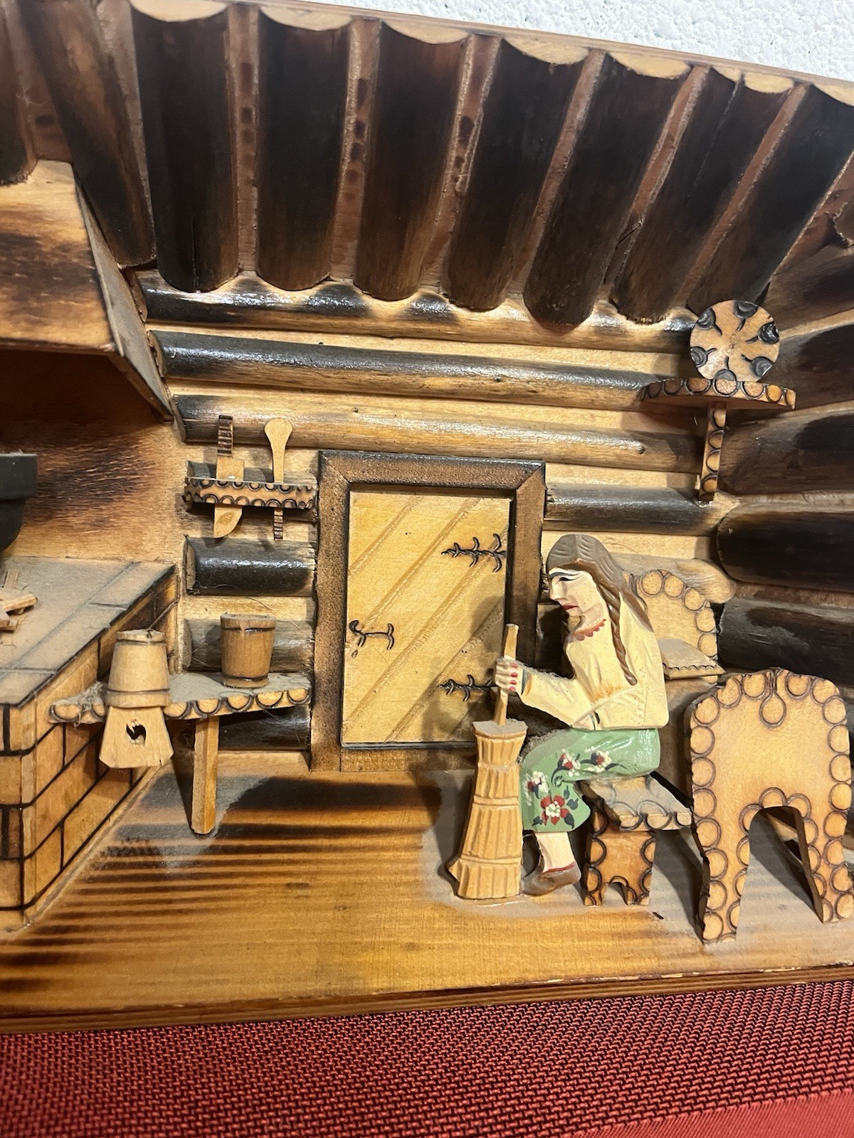 Vintage Americana Log Cabin 3D Wood Carving Shadow Box Diorama Folk Art 11”x8”