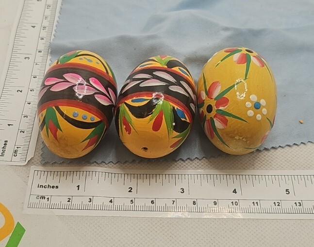 VTG Hand Painted Wood Easter Egg Ukrain Polish yellow multi colored lot of 3