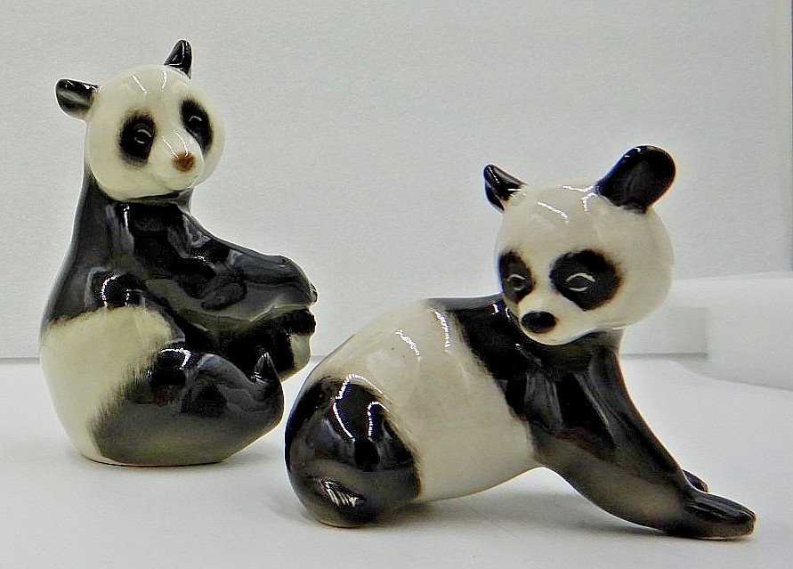 Vintage Lomonosov Porcelain Panda Figurines Hand Painted USSR 5.5”& 3.5”
