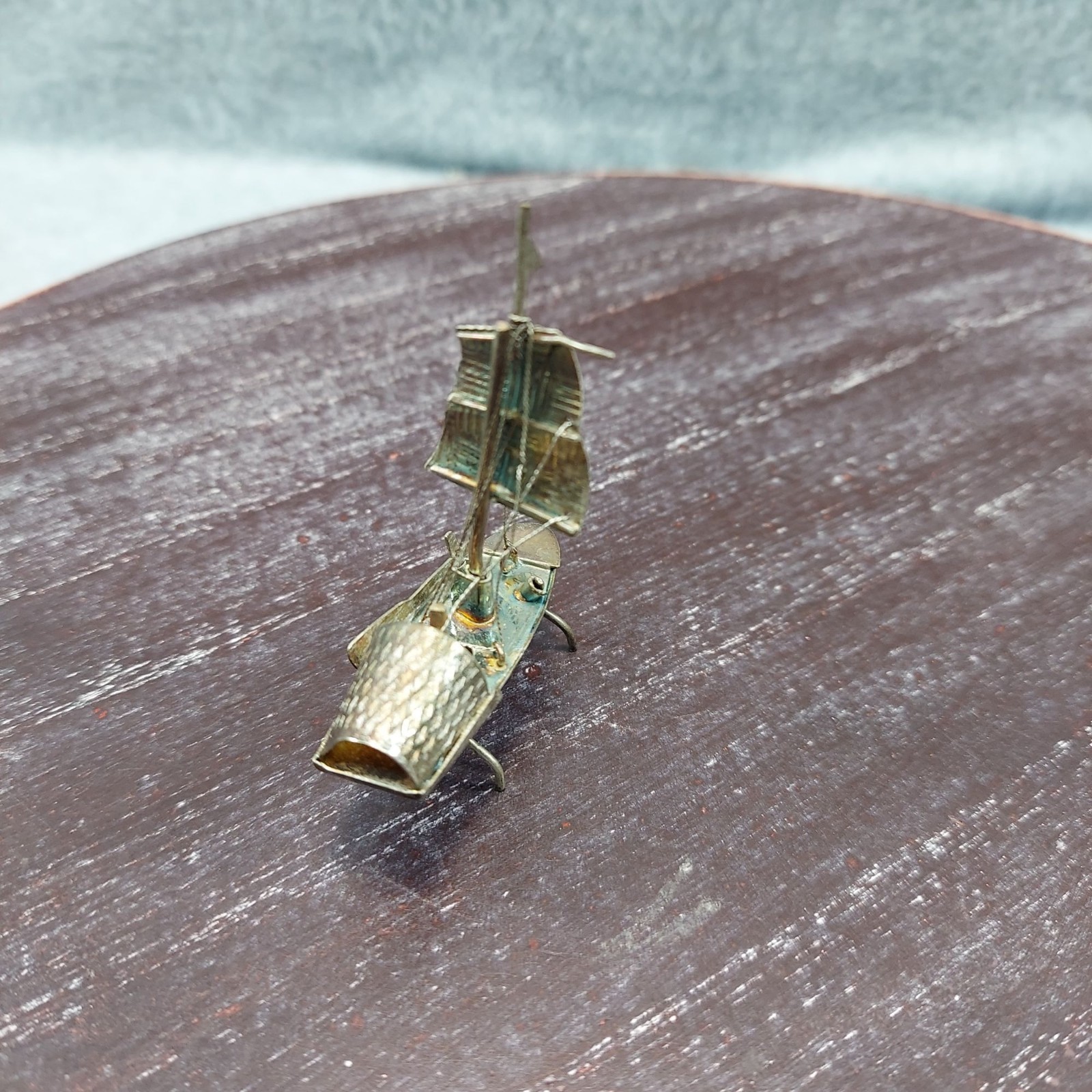 Chinese Silver Color Junk Boat Solid Metal Miniature Sailboat Sculpture Vintage