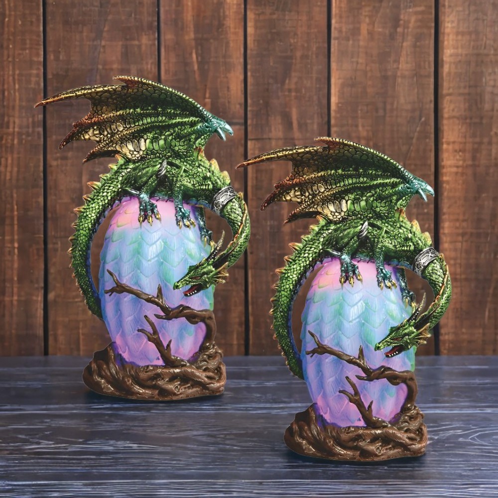 2-PC Gift Set 10″H LED Green Dragon on Lantern Figurine Ornament Home Decor Gift