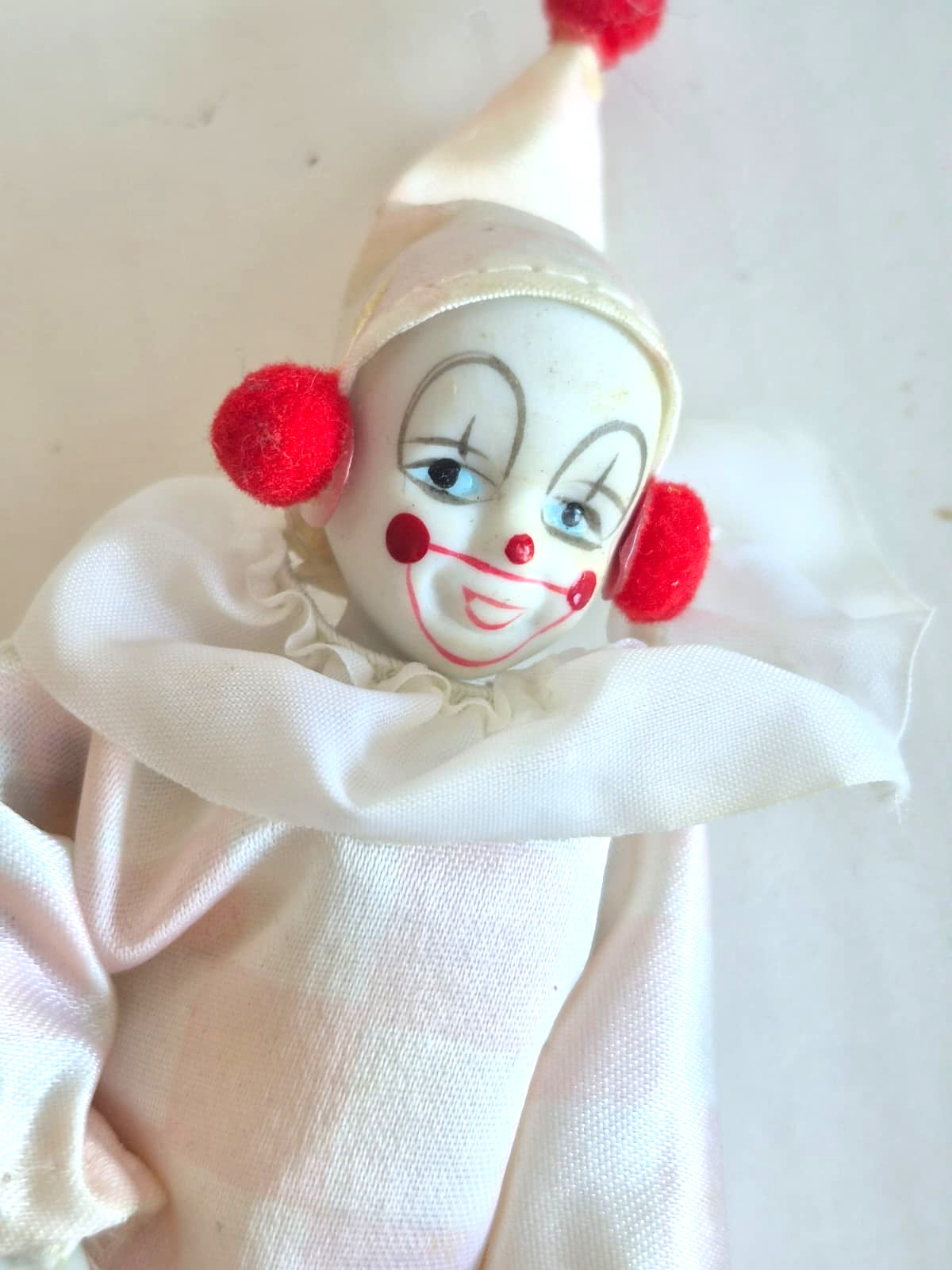 Lot 4 Vintage Porcelain Clown Dolls Fabric Costume Junk Drawer Collectible