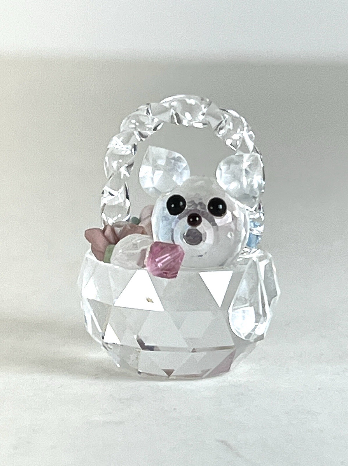 Crystal Basket with Pink Roses Blue and Clear Accents BEAR FACE UNIQUE!