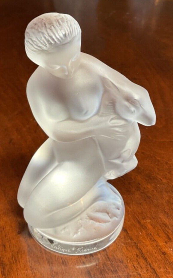 Vintage Lalique Satin Crystal Figurine Diana the Huntress WITH FAWN SIGNED mint