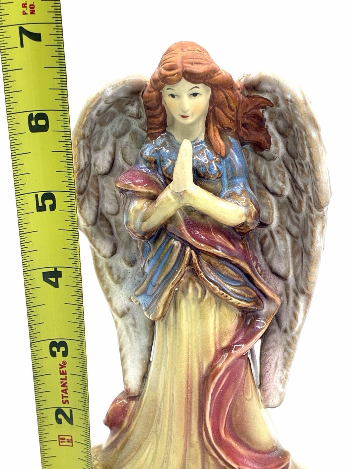 Ceramic Praying Angel Figurine 7 Inch Reactive Glaze Matte Wings