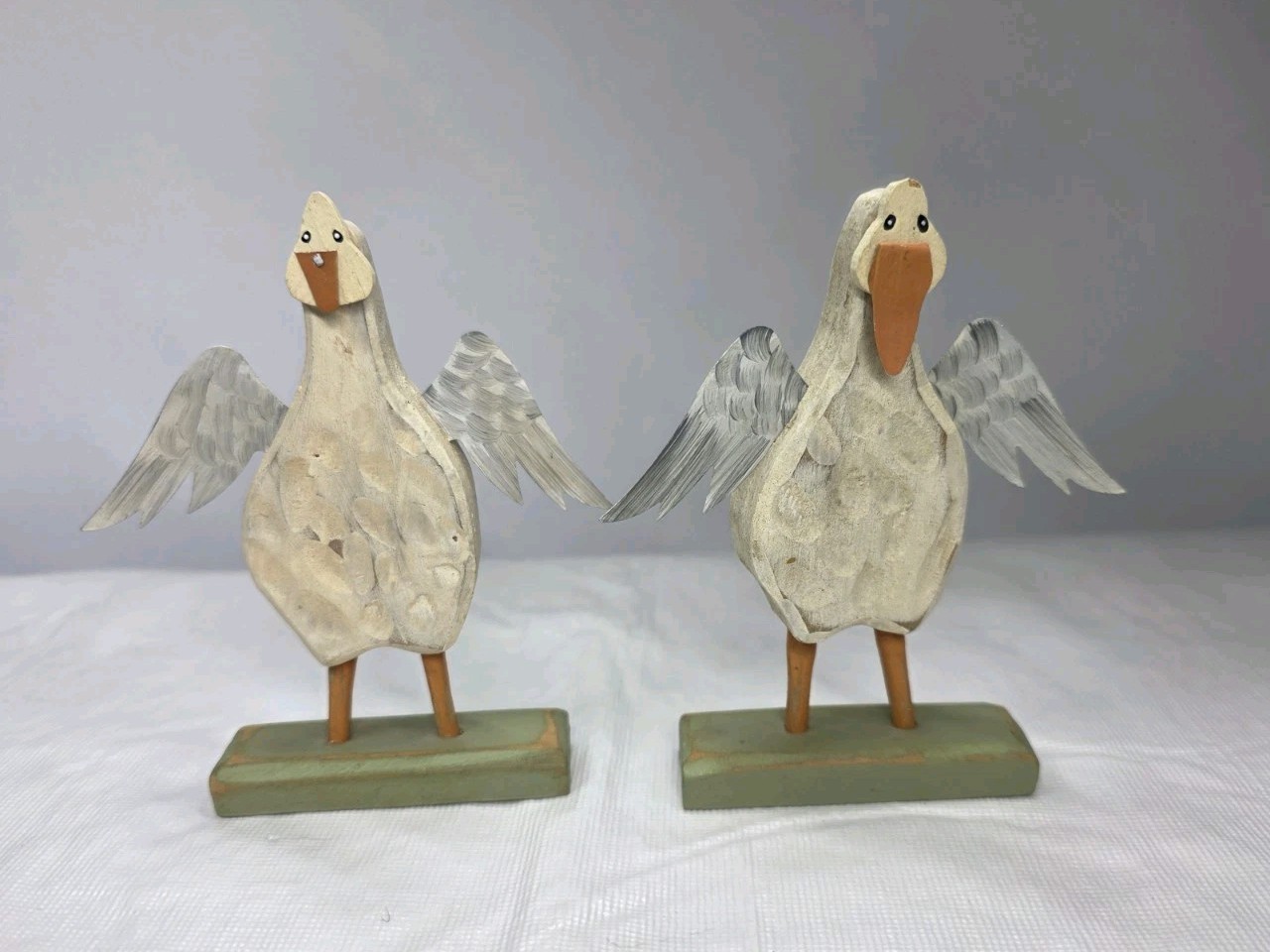 Handmade Folk Art Wood Carving White Goose Geese Ducks Metal Miniature Primitive