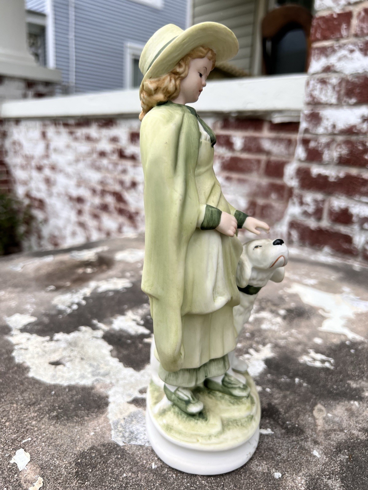 Vintage English Girl In Green Dress with Dog Andrea by Sadek #7154 Hand Painted