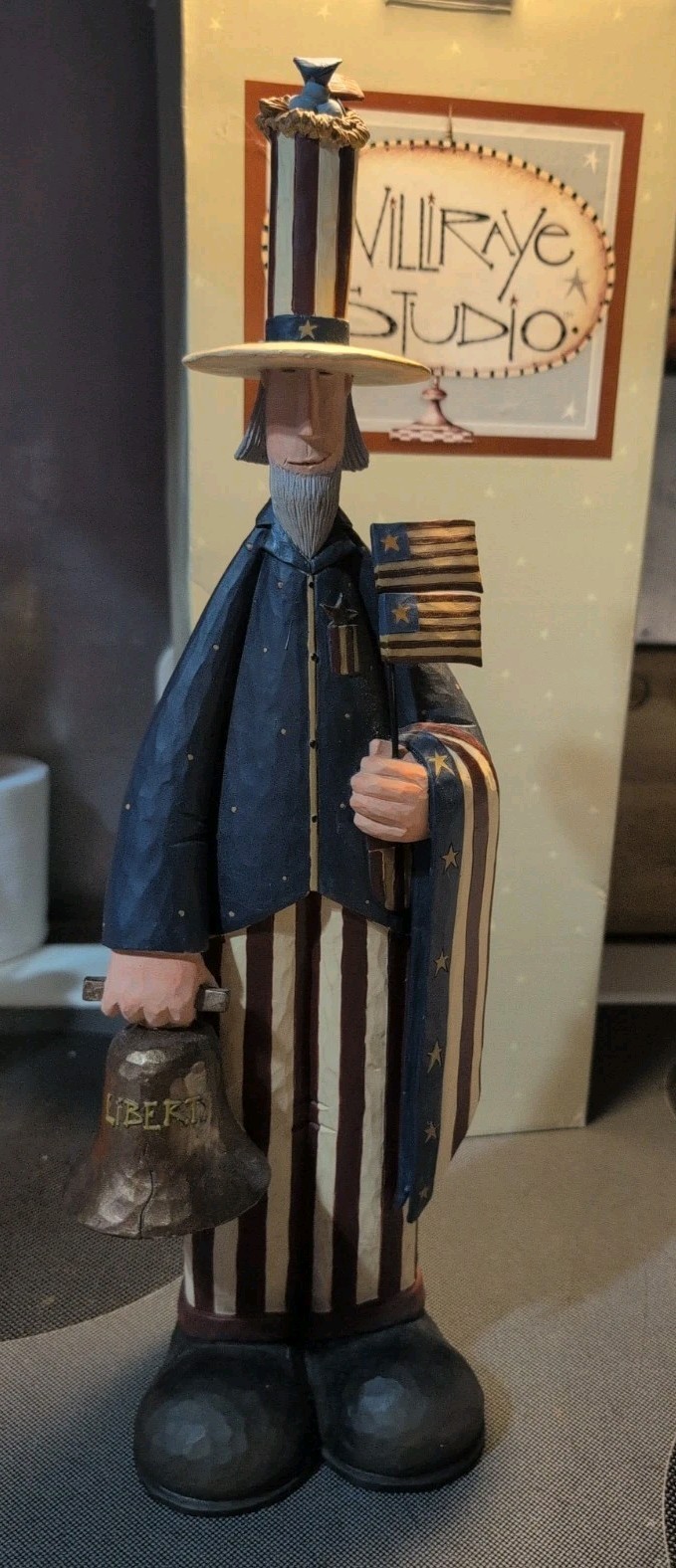 1998 Williraye Studio Uncle Sam 16″ WW7765 Folk Art Liberty Bell W Bird