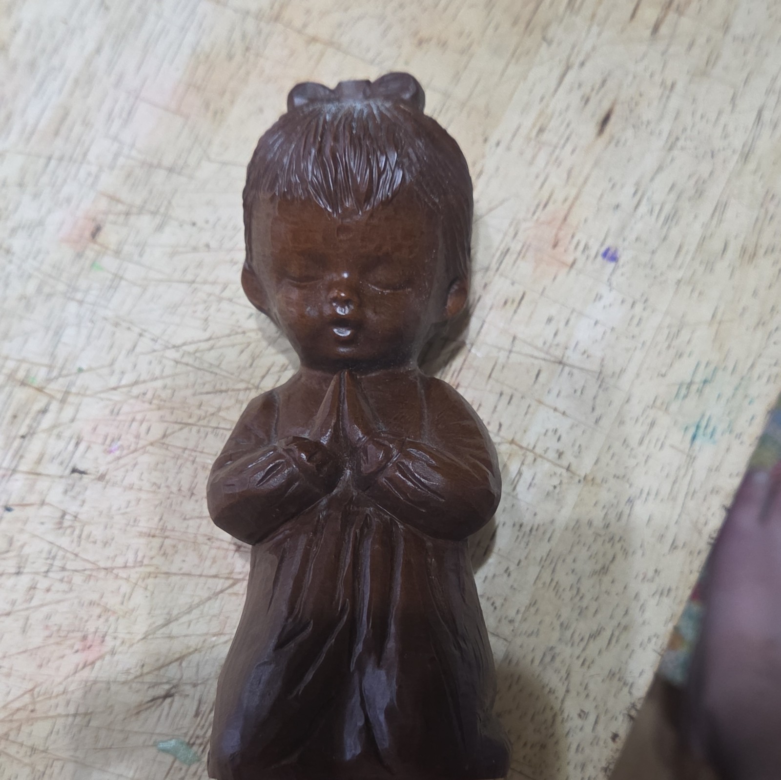 Brown Carved Wooden Praying Girl Figurine Glossy Finish Religious People