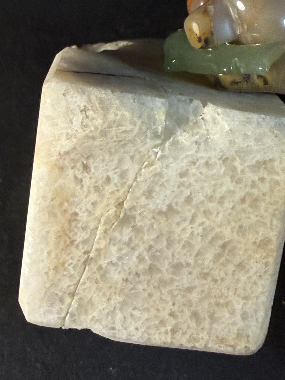 Small Carved Alabaster? Stone Bear With Fish On Stone Platform ( Crack) 3.25”