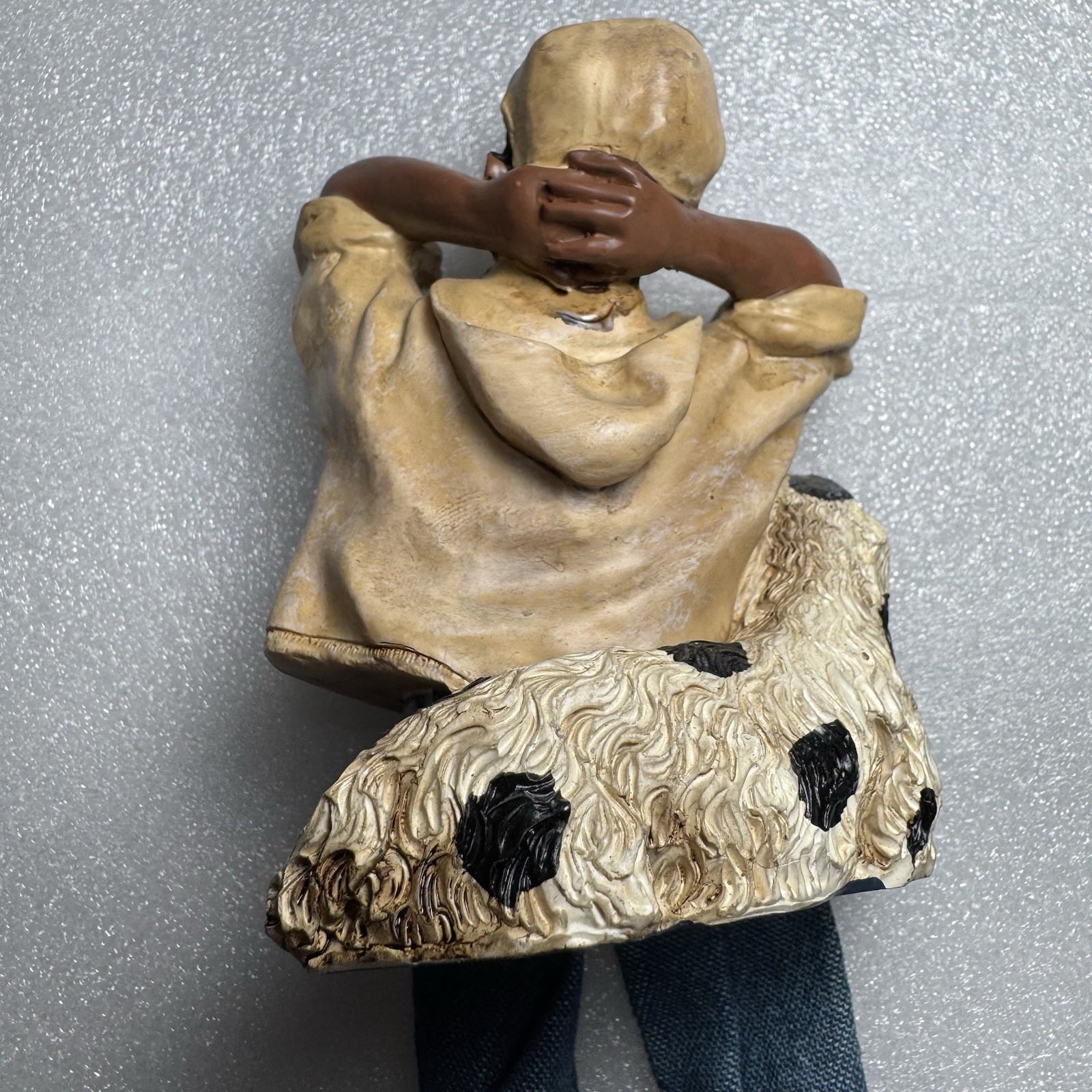 Black/African American Boy Shelf Sitter Dog Hat Fabric Dangling Legs Resin
