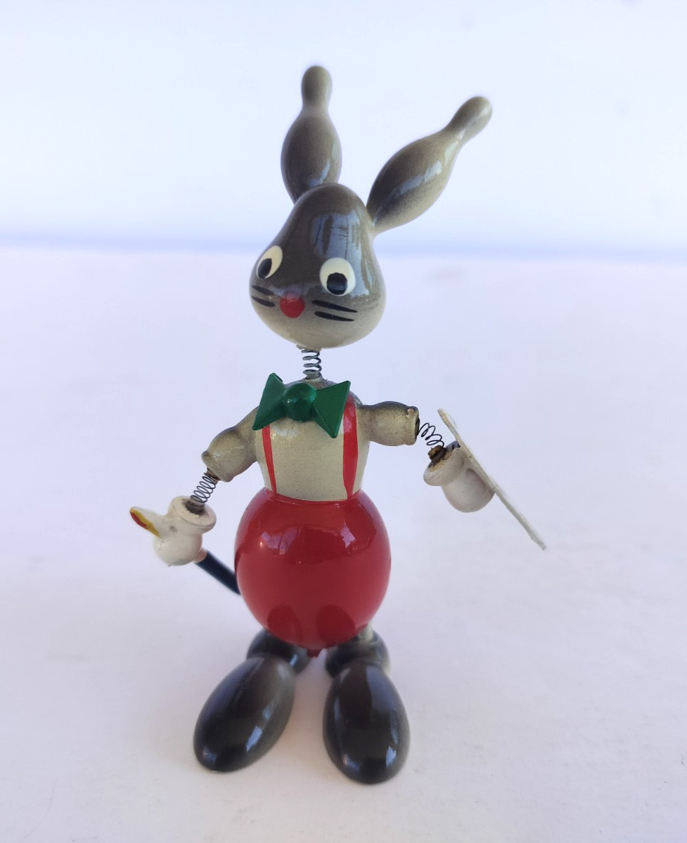 Vintage Goula Spain Wood Bobblehead Rabbit Bunny Painter Figurine