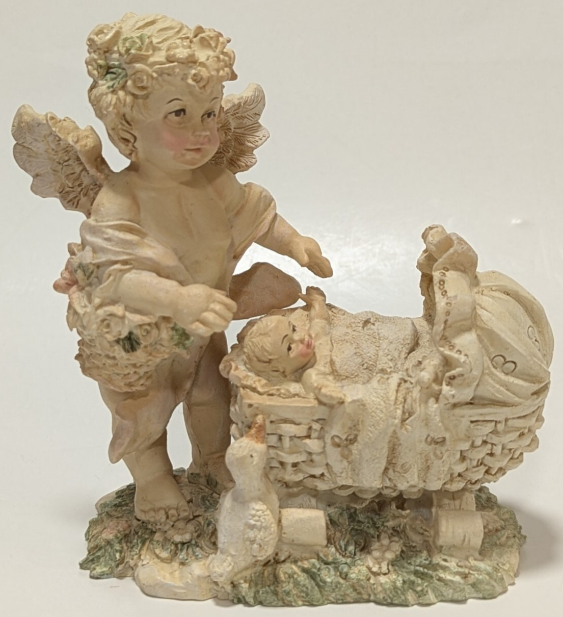 Vintage Cherub Angel with Baby in Bassinet Figurine Ivory Resin Home Decor 4.5″T