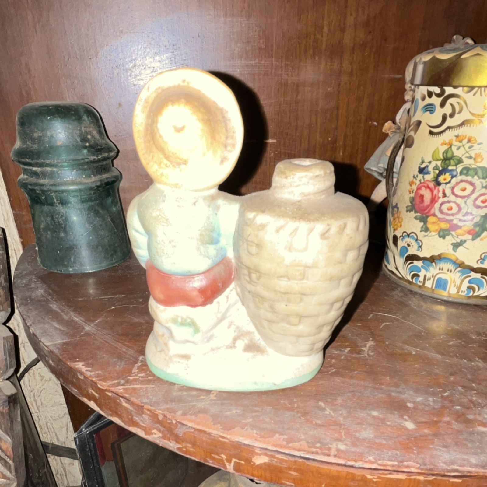 Hand Painted Ceramic Figurine Person with Basket Beige Red Blue Black Decor