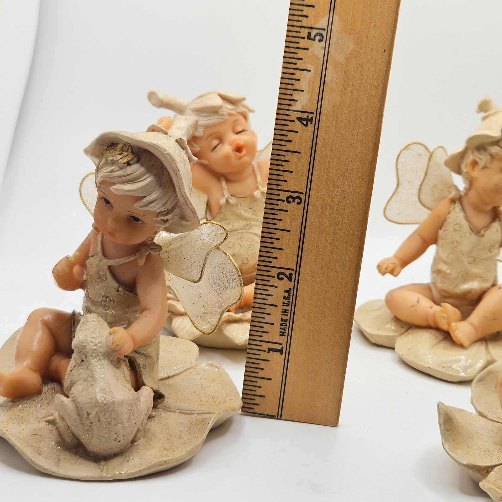 Vintage Pixie Fairy Baby Figurine Set Lotus Flower Resin Cottagecore Whimsical