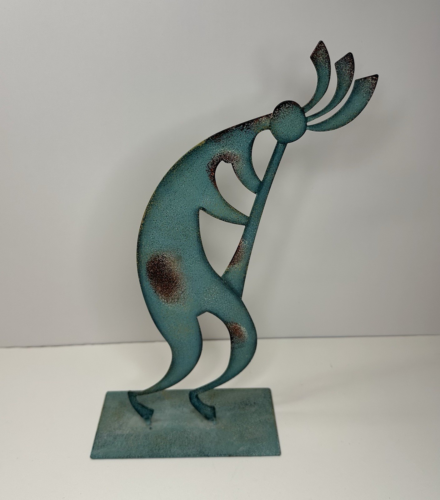 Kokopelli Dancing Flute Metal Statue 11.5” Teal Southwest