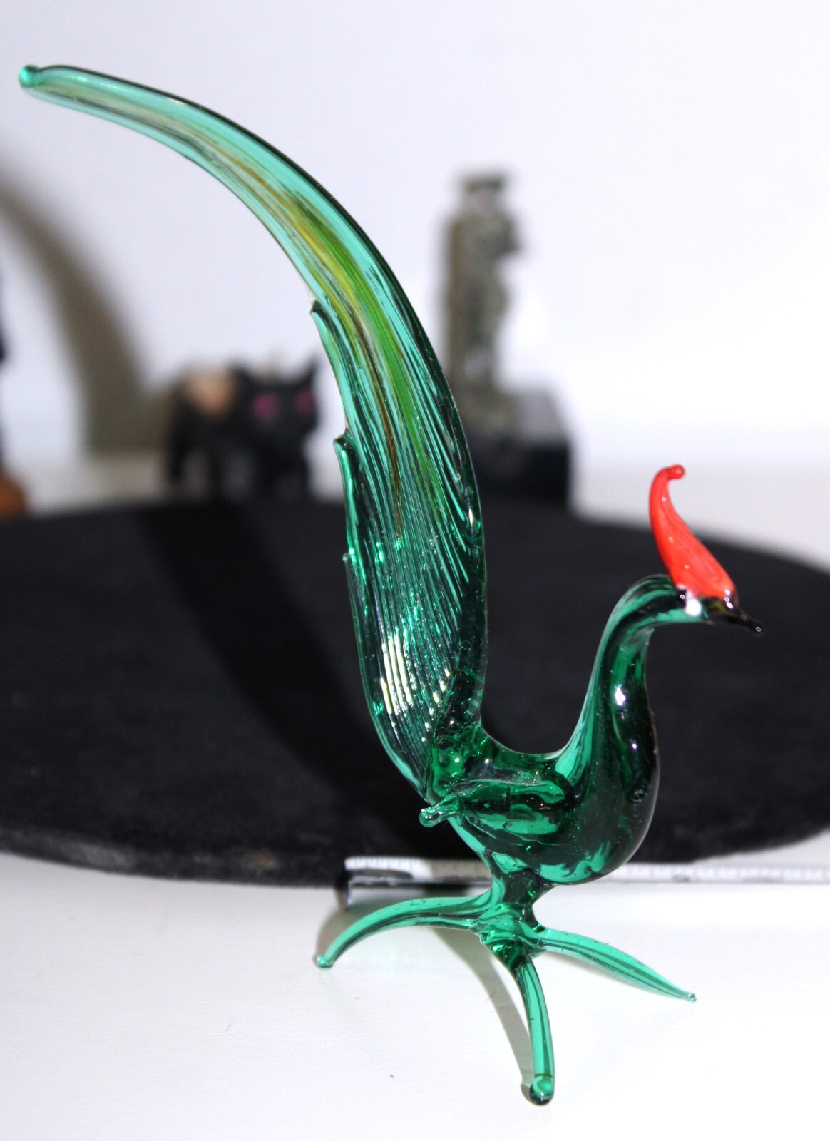 Miniature Art Glass Bird Sculpture Green Red Black and White Glass