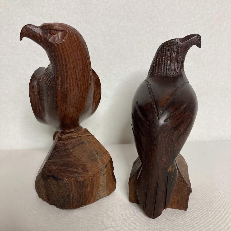 2 VTG Eagle Hawk Falcon Hand Carved Ironwood Pedestal Sculpture 5” & 5.5” Pair