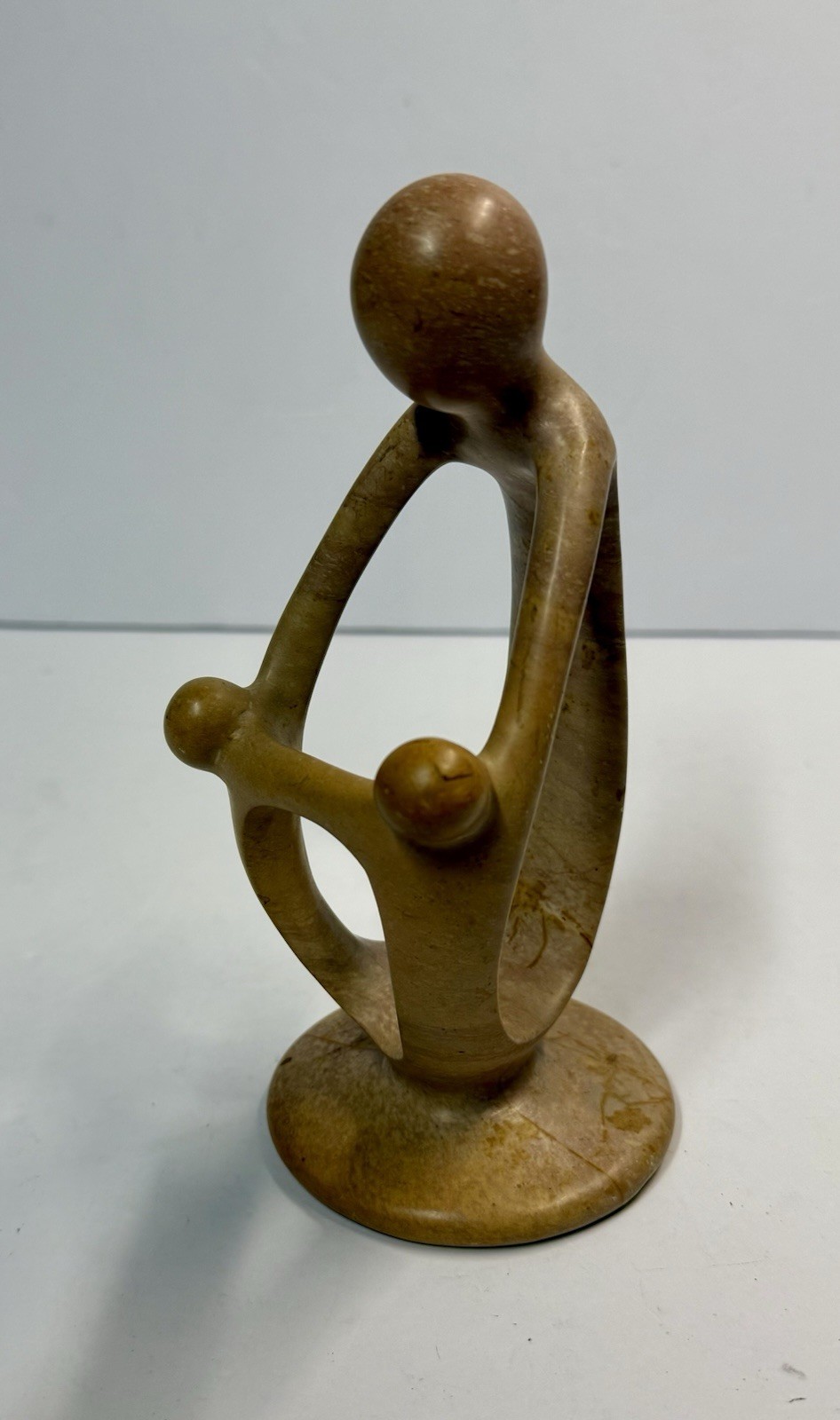 7.25” Peachy Beige Soapstone Sculpture Abstract Family Of 3 Parent & 2 Children