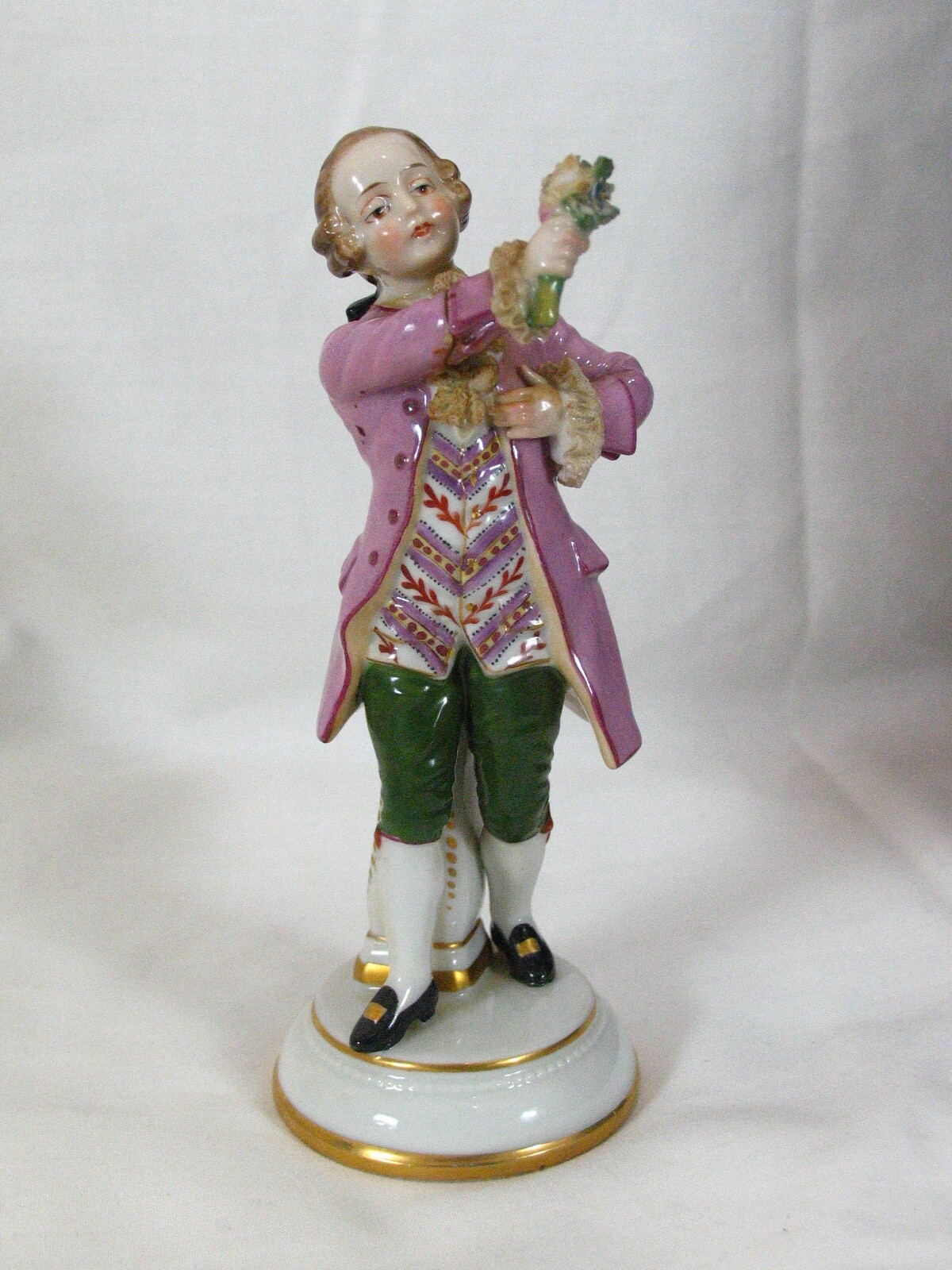 Antique MULLER VOLKSTEDT DRESDEN FIGURE PORCELAIN LACE – BOY Presenting flowers