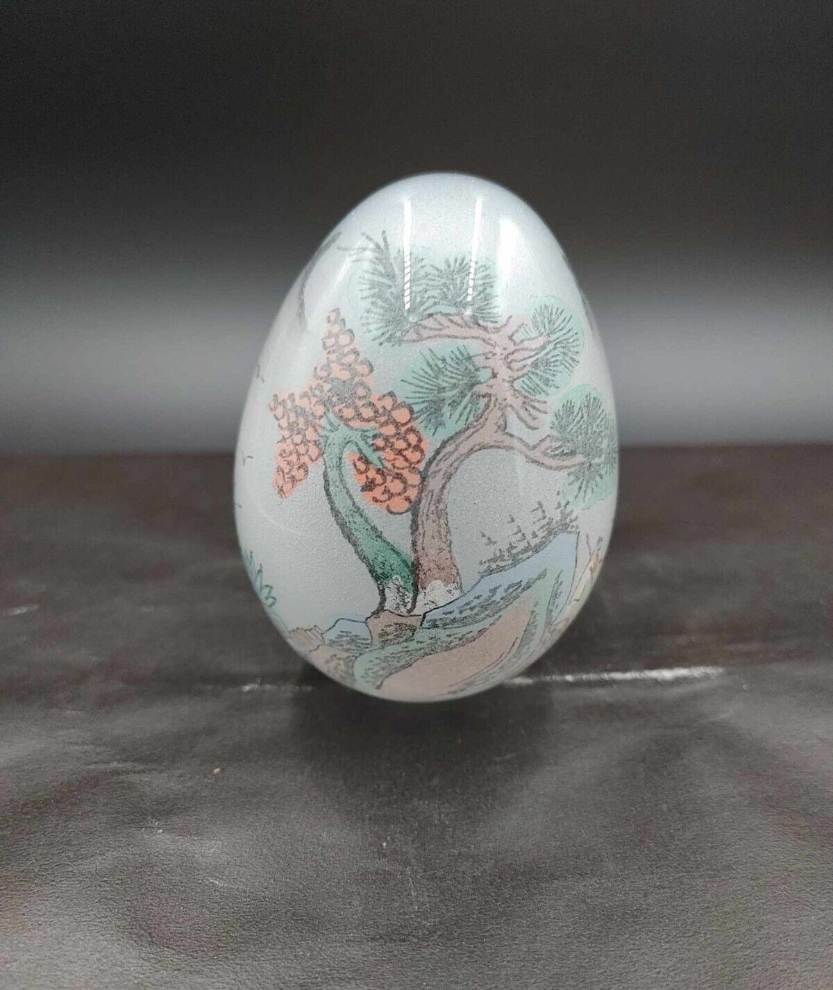 Vintage Reverse Hand Painted Glass Egg Japanese Scene Mountain Tree – No Stand