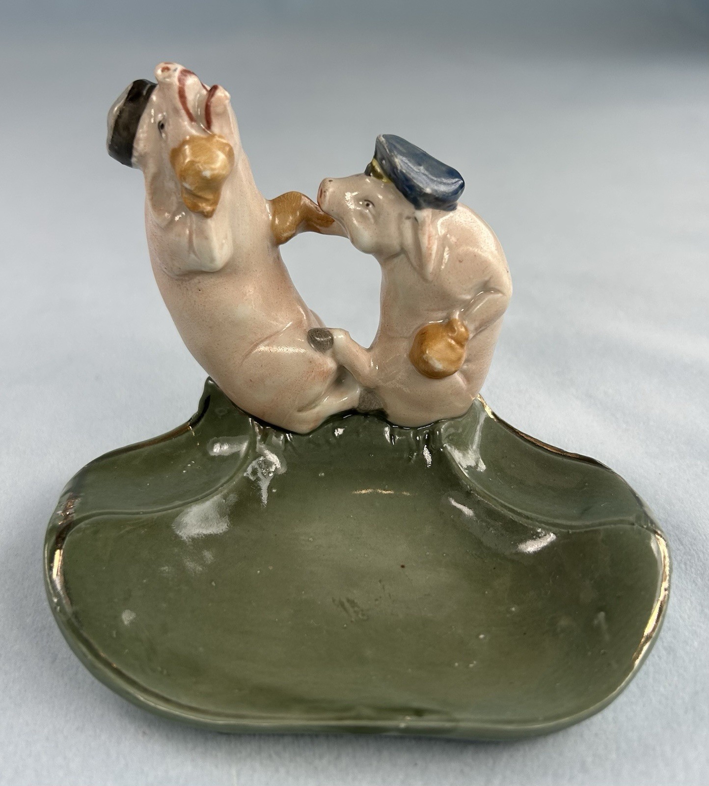 Antique Porcelain German Pigs Boxing Fairing Pin Tray RARE
