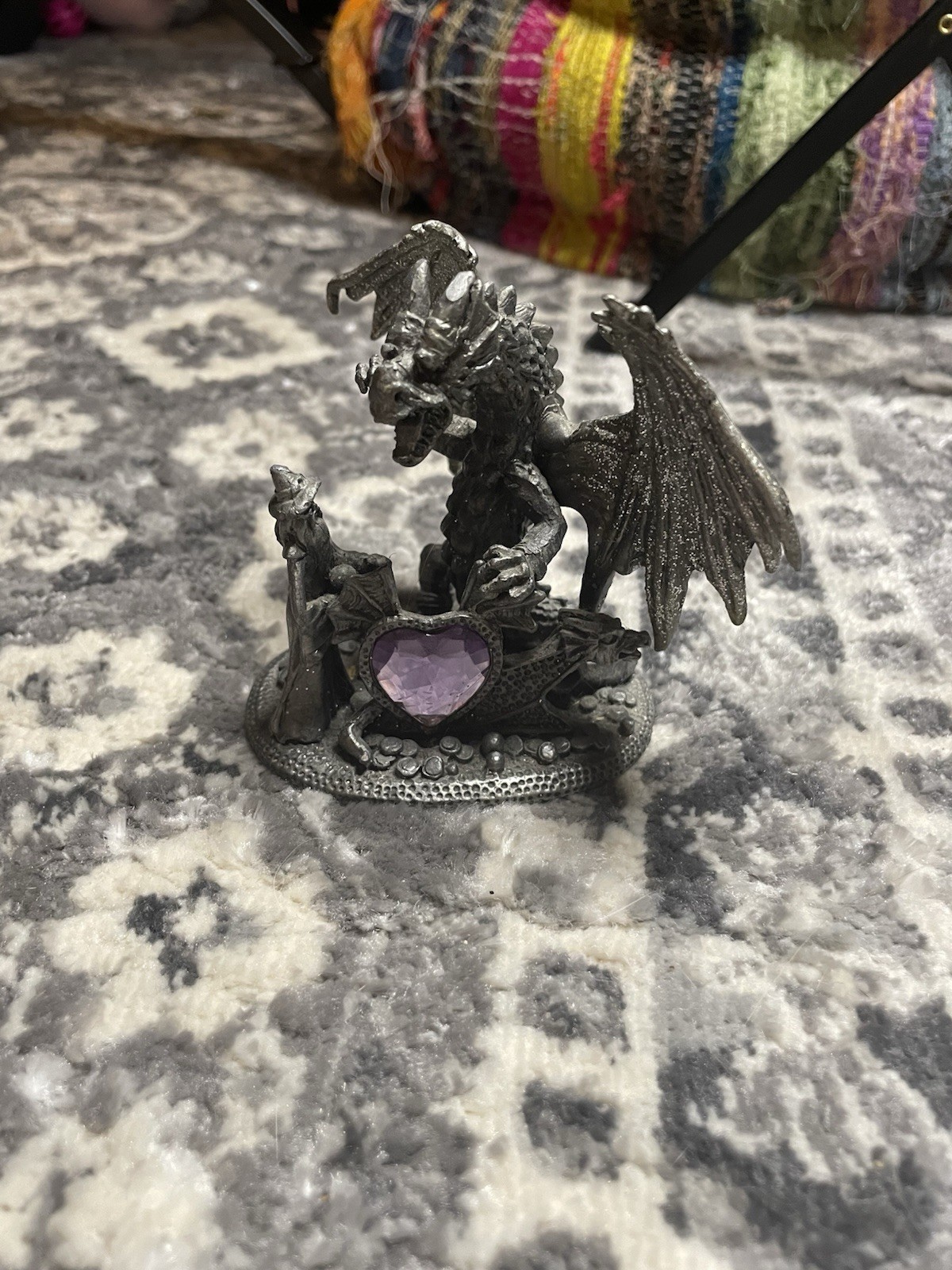 Metal Wizard & Dragon Figure With Purple faux Gem Heart Decor Great Condition