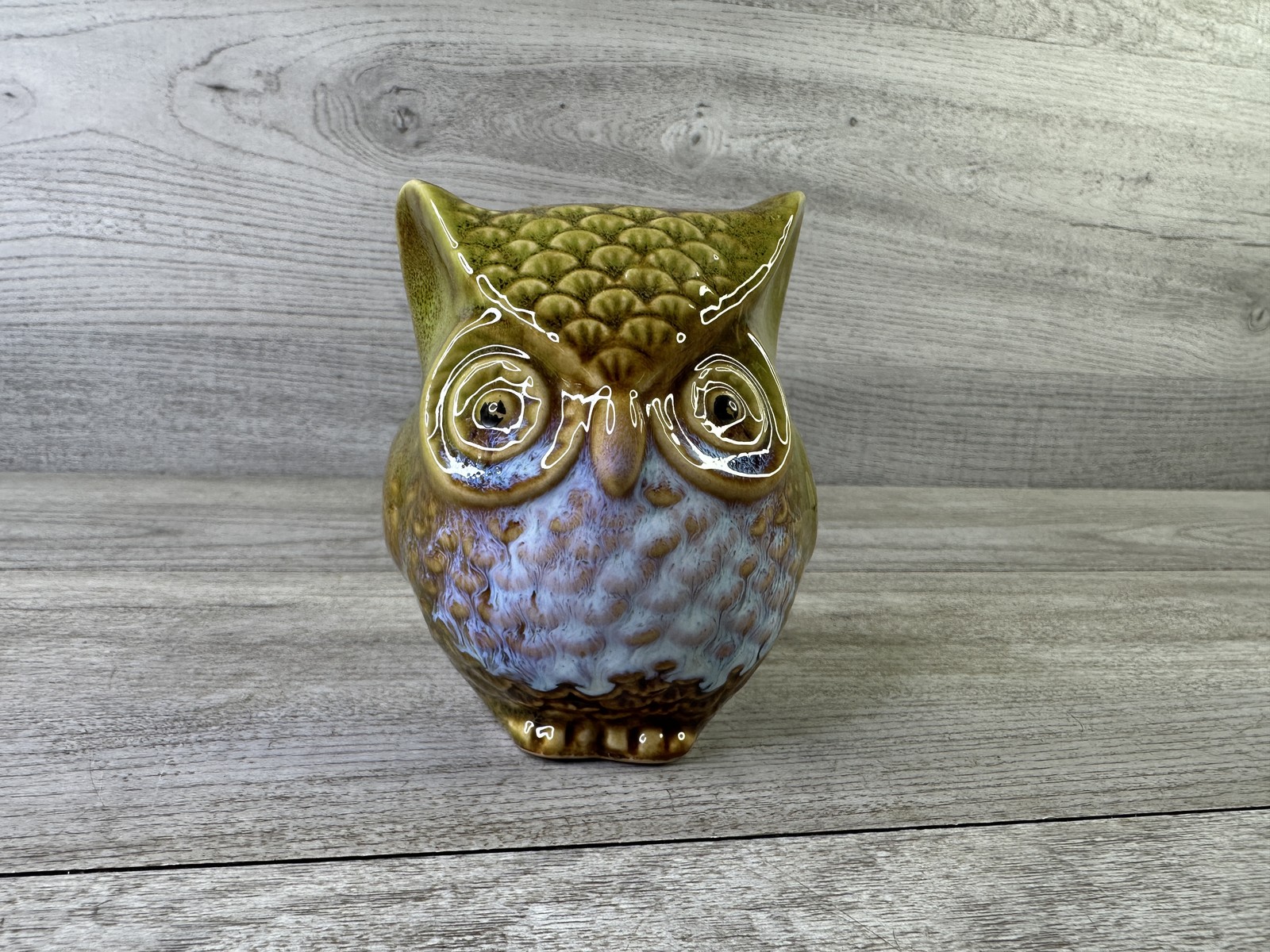 Vintage Ceramic Owl Figurine Green Brown Drip Glaze Mid Century Modern Decor