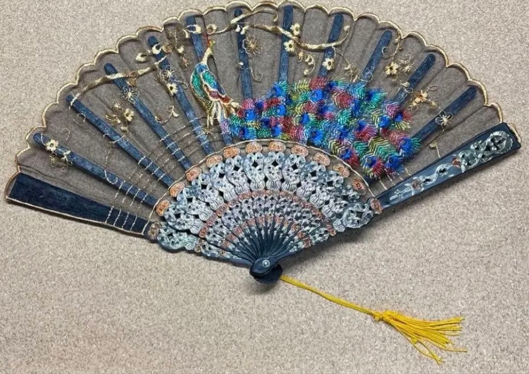 Peacock Embroidered Fan Gold Flower Decor 9.4in Long Tassel