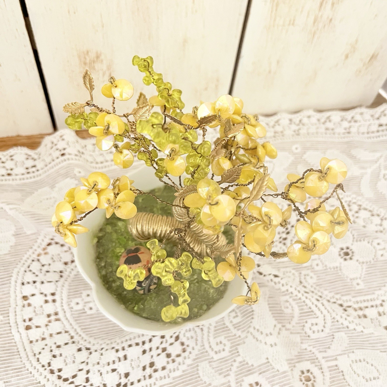 Vintage Bonsai Tree With Mini Bobble Head Kokeshi Doll Yellow Green 7” Unique