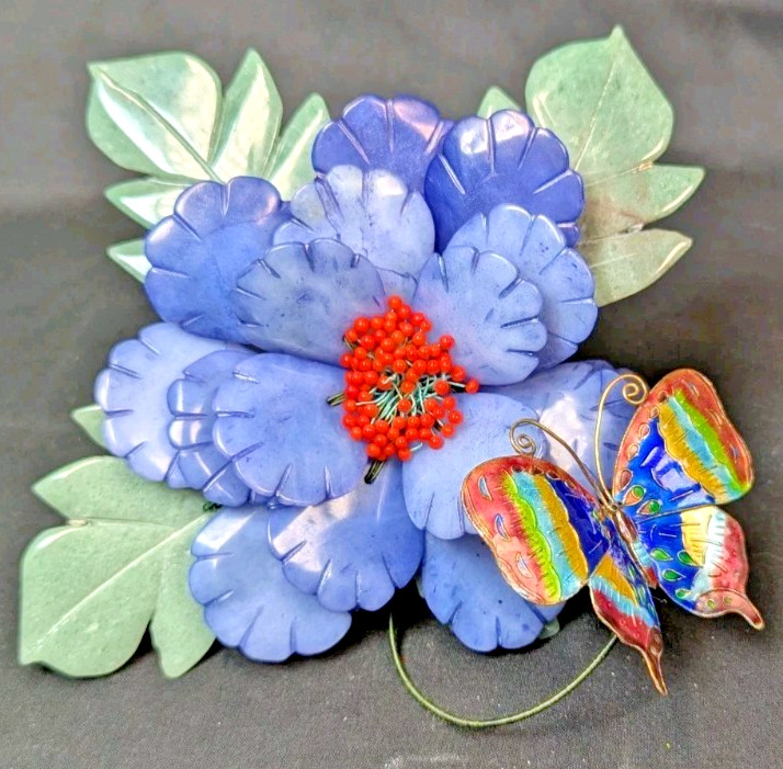 Vintage Hand Carved Green Blue Jade Flower Bouquet Cloisonne Butterfly Sculpture